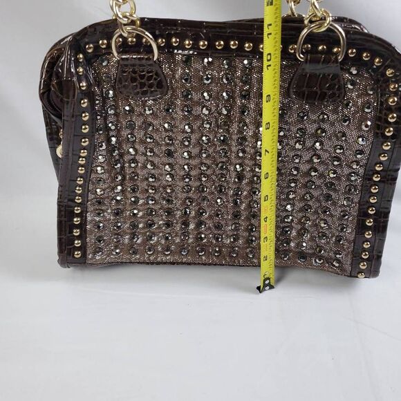 Brown Studded Faux Croc Tote Purse Gold Chain Handles Glam Satchel 13x11 - Picture 2 of 8